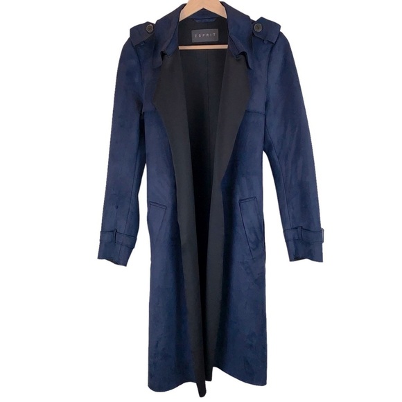 Esprit Midnight Blue Ultrasuede Belted Long Trench Military Coat sz XS - Picture 7 of 11